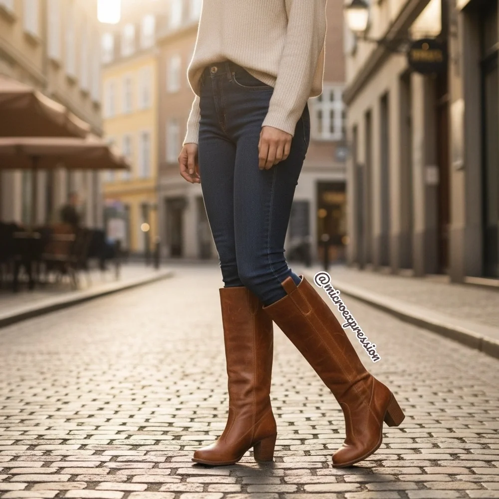 $399 Frye Villager Pull On Knee High Cognac Leather Tall Heeled Distressed Boot - Picture 3 of 15